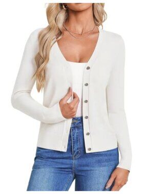 Women's V-Neck Cardigan Sweater Stretchy Knit Buttons Long Sleeve